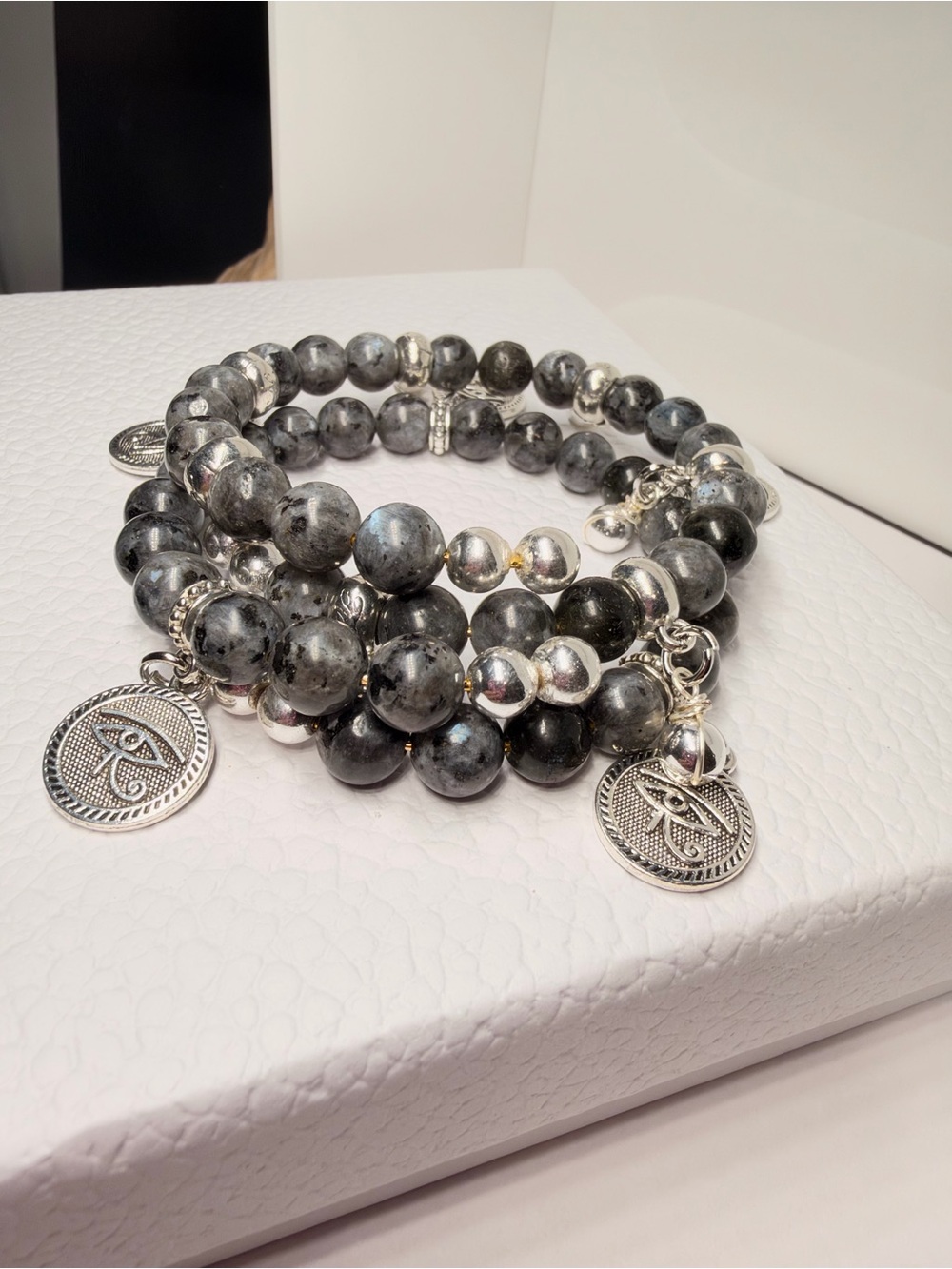 Labradorite Bead wire Bracelet Set with Silver Horus Charms
